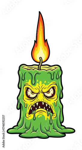 Scary green melting candle character with fiery flame for halloween