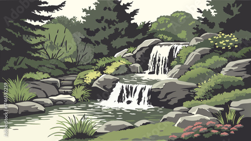 Serene Waterfall in Lush Garden with Rocks and Greenery Illustration.