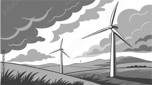 Wind turbines in a hilly landscape under a cloudy sky renewable energy illustration.