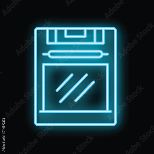 Bright blue neon sign depicting a retro video game cartridge glowing on a black background