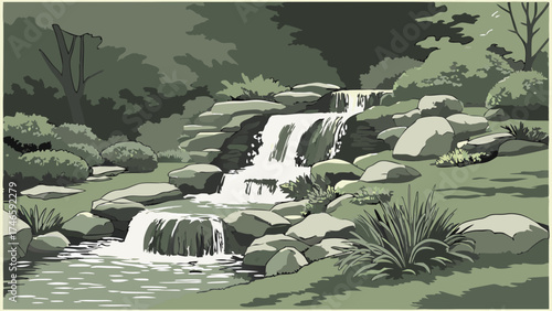 Serene Waterfall Landscape Cascading Water Rocks Greenery Nature Scene Tranquil Garden Illustration Peaceful Stream Botanical Art Water Feature Outdoor Decor Relaxing Background Zen G.