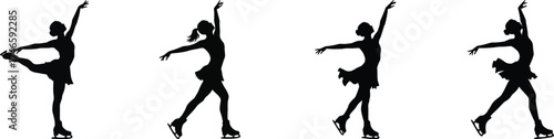 Four silhouettes of a female figure skater performing various graceful poses and jumps on ice vector