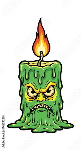 Scary green melting candle character with fiery flame for halloween