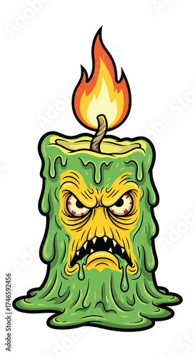 Scary green melting candle character with fiery flame for halloween