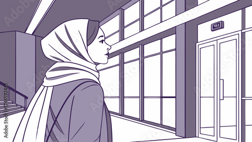 Woman in headscarf standing in modern building interior.