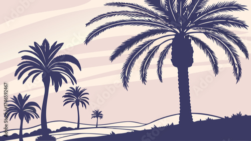 Silhouette of Palm Trees at Sunset Desert Landscape Illustration Tropical Vacation Design.