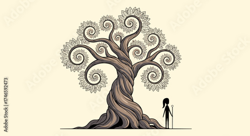 A solitary figure stands before a colossal ancient tree with intricately spiraling branches and leaves.
