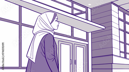Woman in headscarf standing outside modern building illustration graphic design.