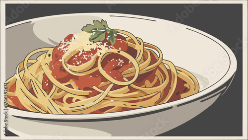 Spaghetti with tomato sauce and parmesan cheese in a bowl delicious Italian food illustration appetizing pasta dish food photography style restaurant menu design culinary art vector illustr.