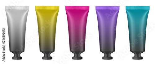Set of screw cap tubes. 3d mockup. Gradient yellow, white, pink, purple, and blue colors. Concealer or foundation. Salve or ointment. Black cap. Plastic bottle
