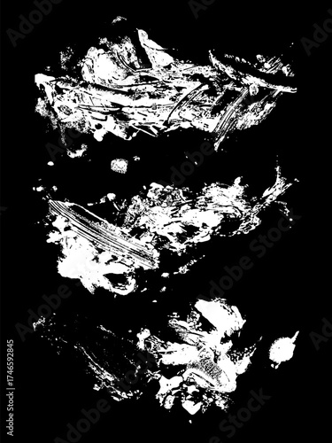 Set of hand drawn paint, ink brush strokes, brushes, lines. Dirty artistic design elements, boxes, frames. Abstract white images on a black background.