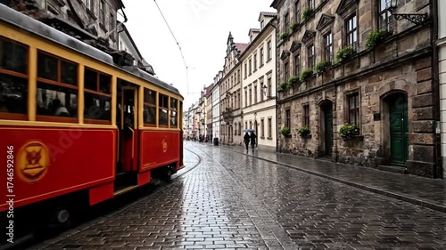 A vintage red and yellow tram travels down a wet cobblestone street lined with historic buildings in an old European city.