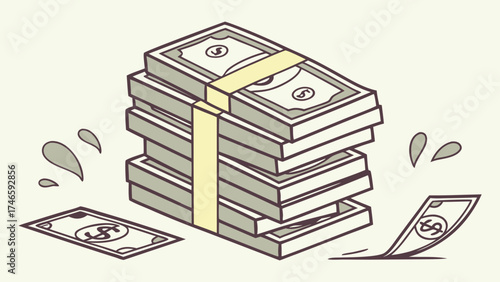 Stack of Money Bills Cash Finance Wealth Business Currency Illustration Cartoon Banking Investment Economy Dollar Payment Financial Success Rich Abundance Money Income Assets.