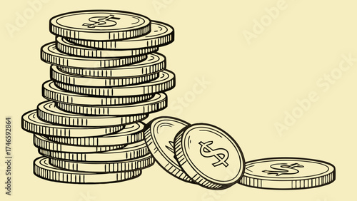 Stack of Coins Hand Drawn Illustration Money Finance Currency Wealth Savings Investment Business Economics Dollar Financial Banking Rich Success Prosperity Growth Vintage Retro.