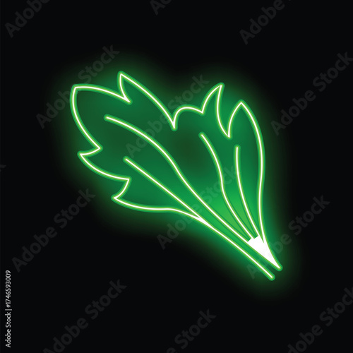 Neon sign showing arugula leaves glowing green on black background