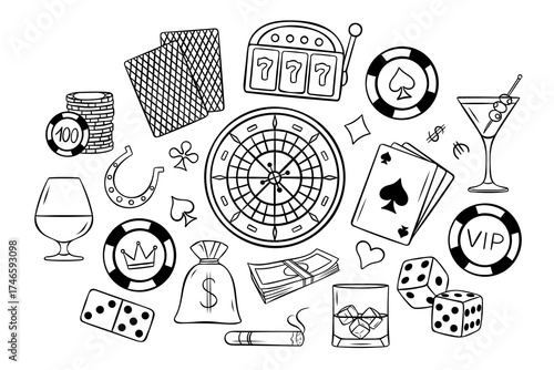a Big casino set, cards, poker chips, dice, Russian roulette, slot machines, simple vector black and white icons, doodle and sketch style