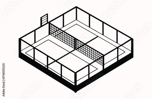 Isometric Padel Tennis Court Black and White Illustration, padel tennis vector icon