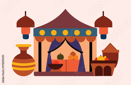Arabian Market Stall or Souk with Tent and Lanterns