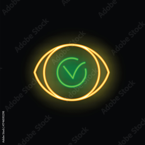 Glowing neon eye with a green check mark symbol is representing the concept of correct vision