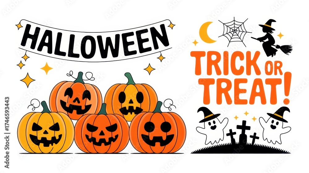 Obraz premium Halloween Celebration: An animated, evocative illustration of Halloween, featuring spooky pumpkins, whimsical ghosts, and a witch, perfect for capturing the spirit of the holiday season.