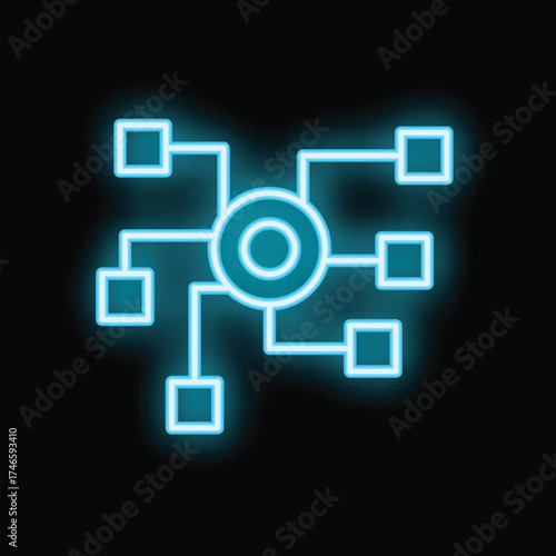 Vibrant neon blue icon depicting a decentralized network, symbolizing interconnectedness and data flow in a modern technological landscape