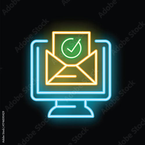 Bright neon icon depicting a computer monitor displaying an open email with a prominent checkmark, symbolizing successful delivery or confirmation