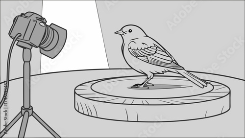 Studio Photograph of a Small Bird on a Wooden Stand.