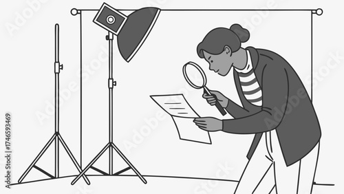 Studio Photographer Reviewing Proofs with Magnifying Glass Photo Shoot Preparation Detailed Inspection.
