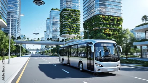 A modern silver bus drives through a futuristic green city with buildings covered in plants and flying vehicles in the sky.
