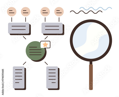 Nodes connected by lines forming a data flow chart with emphasis on magnifying glass, symbolizing review. Ideal for data organization, workflow, analysis, research, insight, examination, simple flat