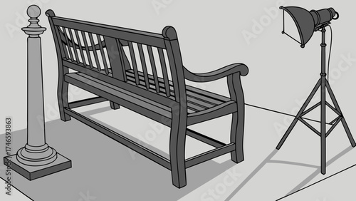 Studio shot of wooden park bench with lighting equipment and pillar.