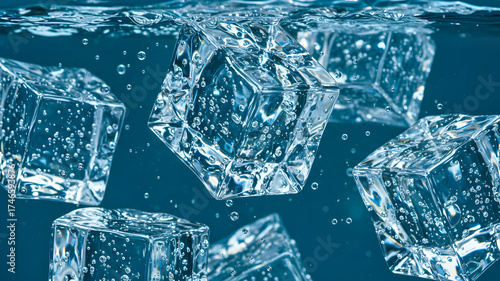 Refreshing ice cubes floating gently in cool blue water