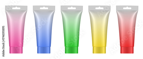 Purple, blue, green, yellow, and red tubes with hanging holes. Rainbow palette of acrylic paint in plastic tubes. Liquid watercolor. Oil paint or gouache. Tempera. Hand cream, mask or lotion. Gradient
