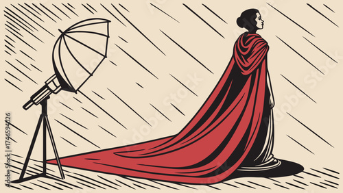 Stylish Woman in Red Cape with Studio Lighting.