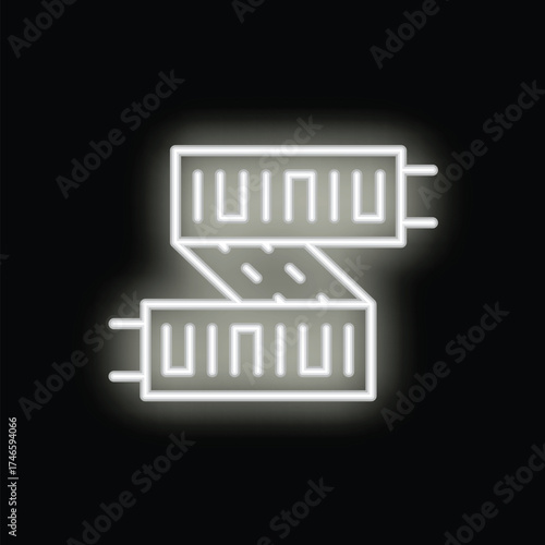 White neon sign icon of retractable utility knife glowing on black background