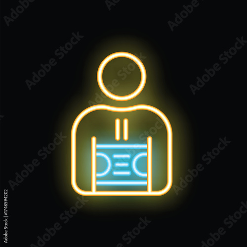 Neon sign of a person wearing a medical back brace, symbolizing back pain relief and support