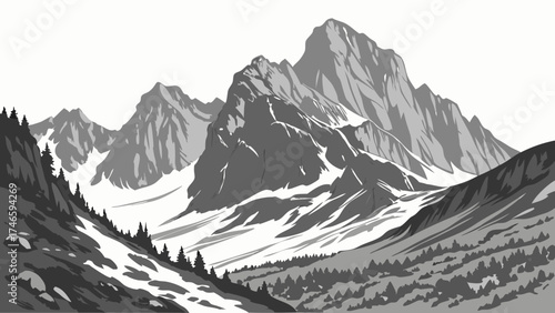 Stylized grayscale mountain range illustration majestic peaks snow coniferous forest scenic landscape nature backdrop vector art graphic design outdoor adventure wilderness alpine scene.