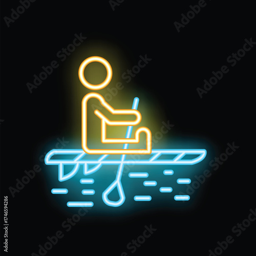 Neon sign of a person sitting on a paddleboard, paddling through the water, enjoying a peaceful night on the water