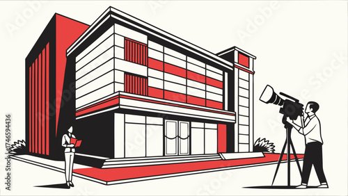 Stylized illustration of a modern building a cameraperson and a person holding a document.