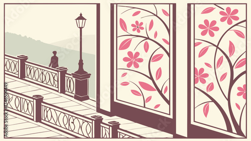 Stylized illustration of a person on a walkway with floral panels and a lamppost.