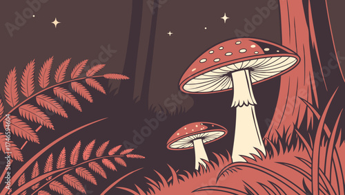 Stylized illustration of mushrooms and ferns in a dark forest at night.