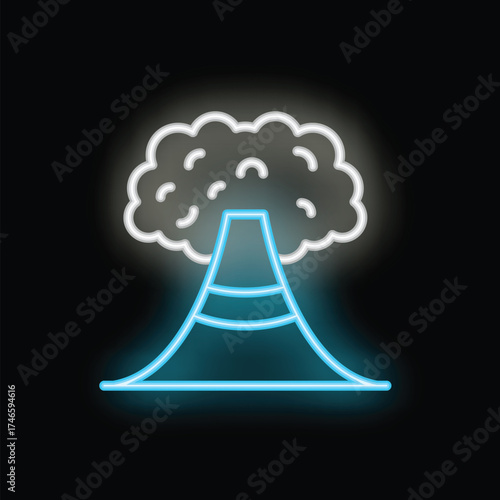 Bright blue neon icon of an erupting volcano with smoke on a black background