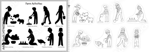 Black and white cut and glue game with cute kids making different farm activities. Matching educational activity page for kids in outline. Vector illustration
