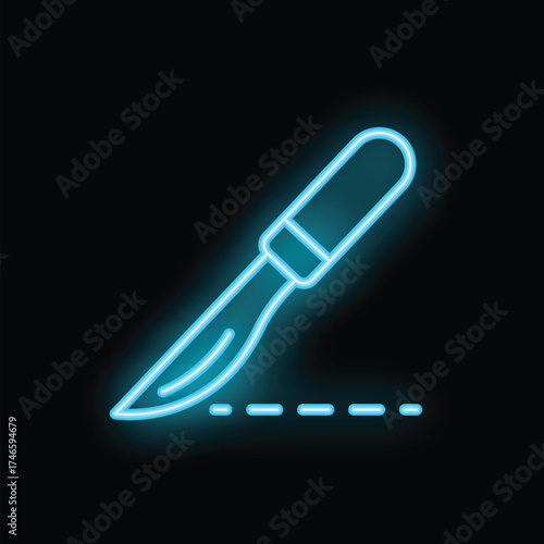 Bright blue neon scalpel cutting a dotted line on a black background