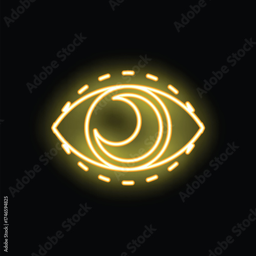 Neon yellow glowing eye with crescent moon shape reflecting inside, representing concepts such as dreams, intuition, and the subconscious