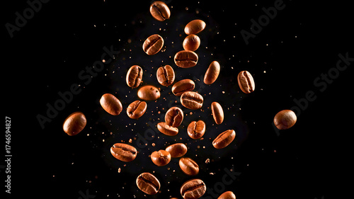 Roasted coffee beans falling on black background for your brew