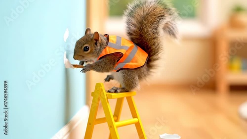 Squirrel Paints Blue Wall on Yellow Ladder Wearing Safety Vest Indoors