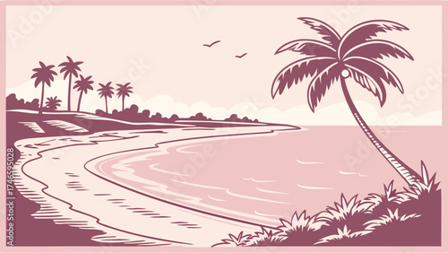 Tropical beach scene illustration palm trees ocean summer vacation coastal landscape seaside tranquil paradise idyllic beach relaxing getaway holiday destination travel poster vector a.