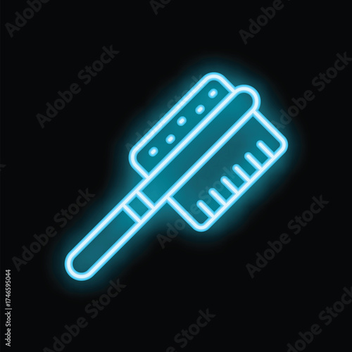 Neon cleaning brush icon glowing blue against a black background