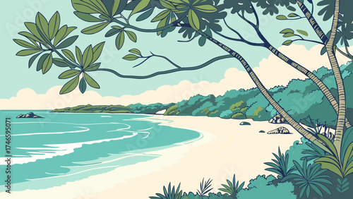 Tropical beach scene turquoise ocean waves lush vegetation sandy shore summer vacation idyllic landscape coastal view tranquil getaway holiday background seaside illustration oceanfront.